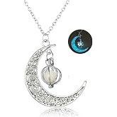 Rckcu Glow in The Dark Silver Crescent Moon and Orb Necklace (blue-green) | Glow Blue Moon Charm - Magical Fantasy Fairy Glow Necklace - Glow Jewelry