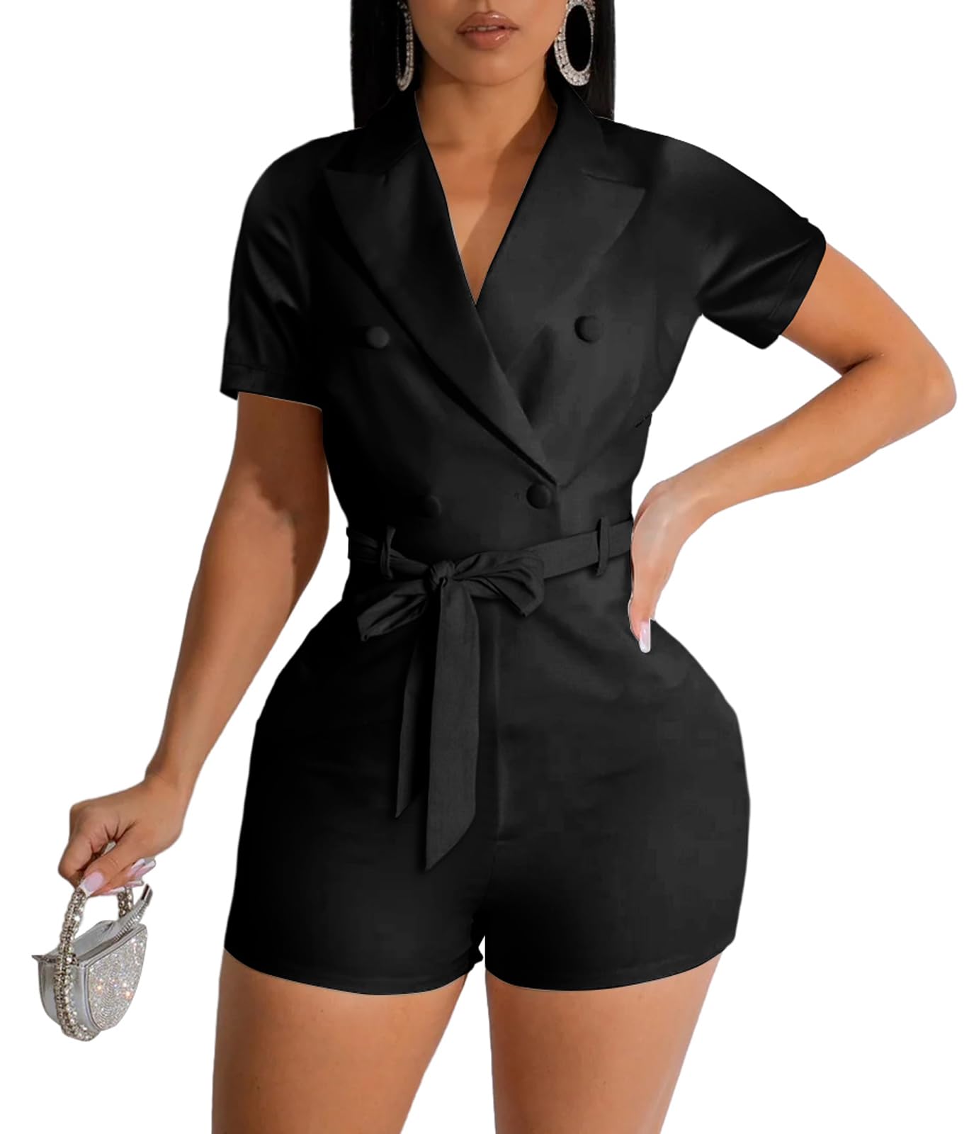 Photo 1 of Black Casual Romper for Women Sexy Lapel Neck Short Sleeve Short Pants Rompers for Party Club with Waistband Zipper(X-Large)
