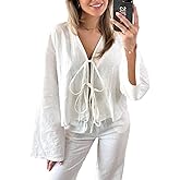 Bow Tie Front Tops for Women V Neck Linen Lace Up Shirts Casual Long Flare Sleeve Blouese Summer Going Out Tops
