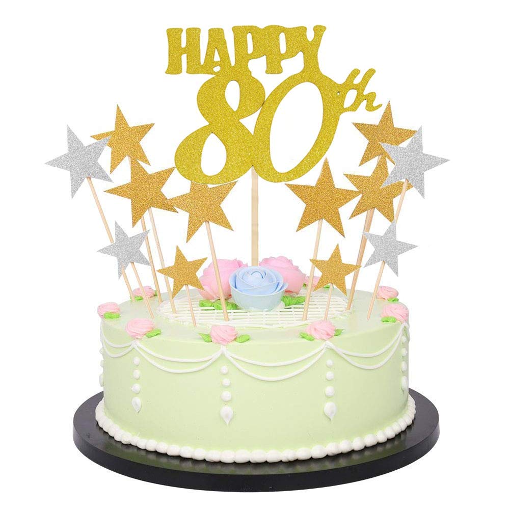Dusenly Glitter Letters Happy Birthday Cake Topper Decorations,Golden Numbers Birthday Happy Cake Topper and Glitter Gold Silver Star Cake Cupcake Topper (Pack of 41) 18-80th (80th/Star)