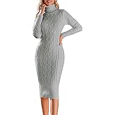 Fangetey Womens Long Sleeve Turtleneck Sweater Dresses Knitted Bodycon Midi Sheath Jumper Dresses