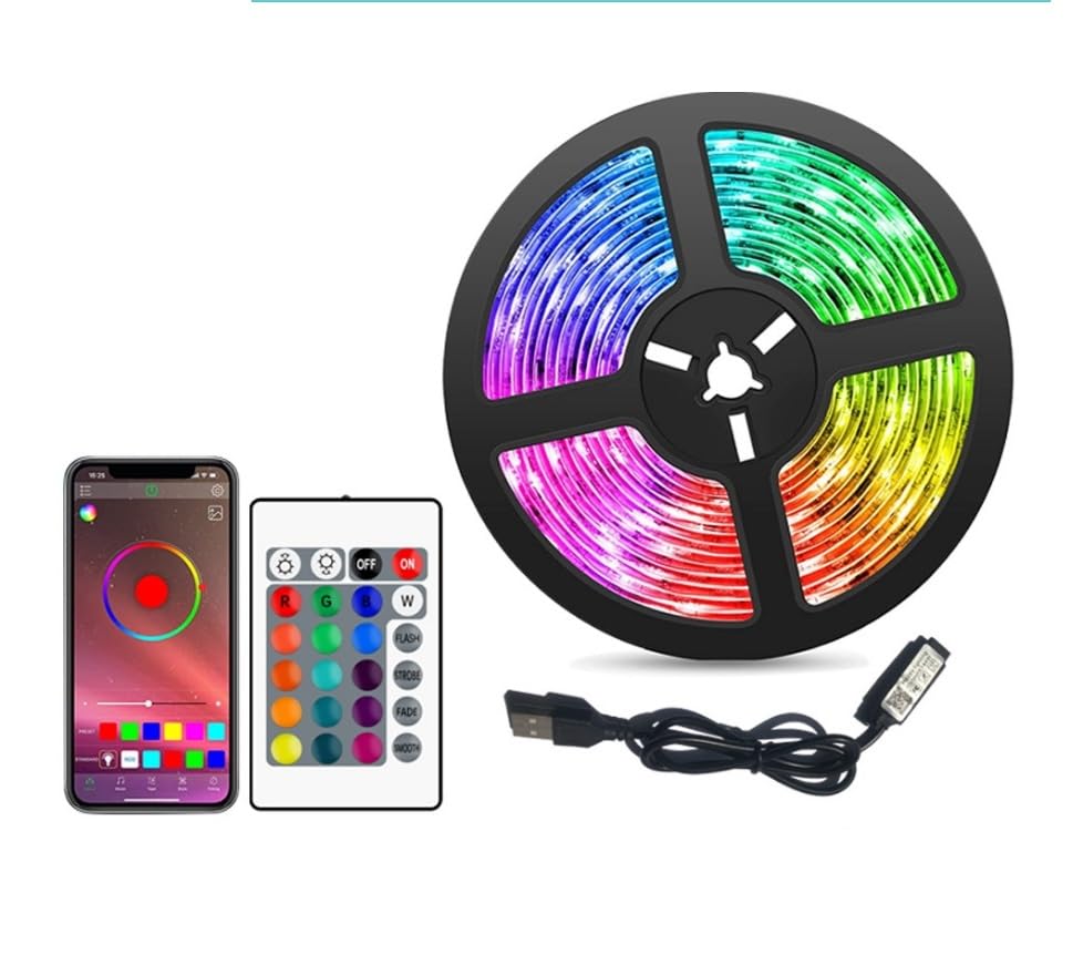 Volunx LED Strip Bluetooth APP Smart USB Powered RGB Lights 1-5m, DIY Indoor Decoration, Ideal for TV, Room, Home, Kitchen 24 Keys Infrared Remote RGB 5050 Light with 16 Colours (3m (9.84 Feet))