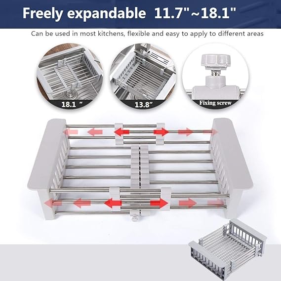 Expandable Dish Drying Rack Over Sink Stainless Steel Adjustable Dish Basket Drainer With Telescopic Arms Functional Kitchen Sink Organizer For Vegetable 1pack Fruit And Tableware Countertop Wall Organization Kitchen Dining