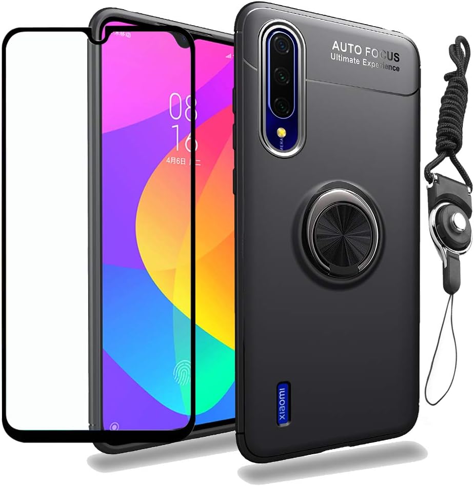 Strug for Xiaomi Mi A3 Lite/Xiaomi Mi CC9 Case,[Lanyard Neck Cord] 360 Degree Rotating Kickstand Soft TPU Material Magnetic Car Mount Shockproof Slim case with Screen Protector(Black)