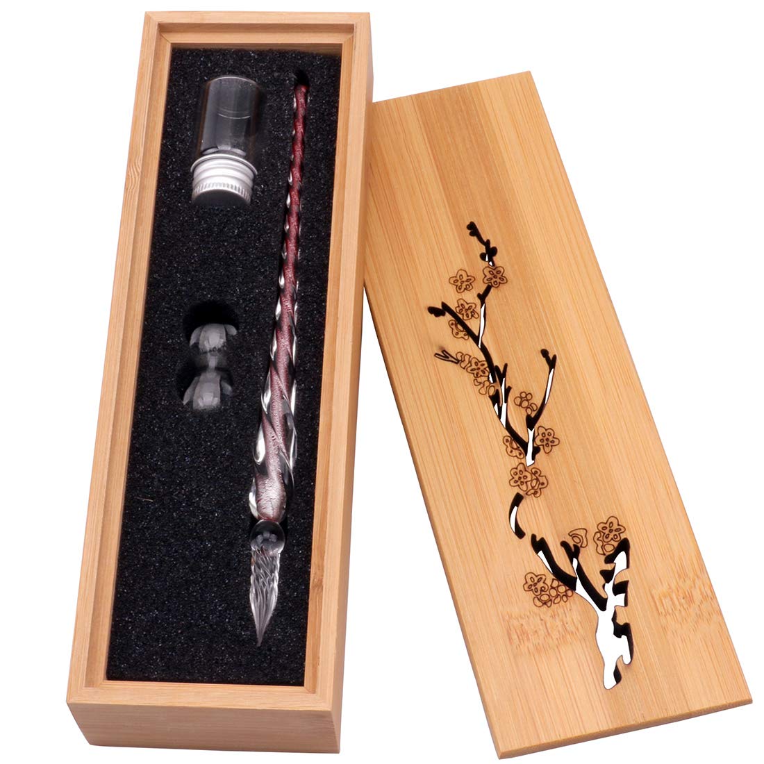 HSTYAIG Glass Dip Pen Vintage Handmade Glass Signature Pen Elegant Crystal Dip Sign Gift Pen With Carved Wooden Box (Red)