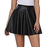 Fahsyee Leather Skater Skirt, Women's Black Pleated Plus Size Mini A-line Vegan Faux High Waist Casual Stretchy S-XXXL