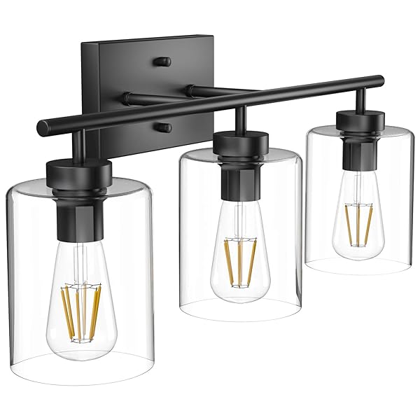 AIPSUN 3 LIGHTS BLACK VANITY LIGHT FIXTURES OVER MIRROR WITH CLEAR GLASS SHADES INDUSTRIAL WALL LIGHT FIXTURE FOR BATHROOM(EXCLUDE BULB)
