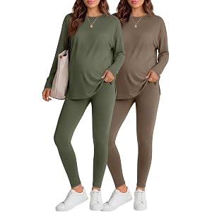 Neer 2 Pack Maternity Pajama Sets 2 Piece Outfits | Long Sleeve Oversize Tops, Slim Fit Pants, Pregnancy Outfits, Soft, Breat