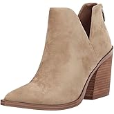 FISACE Womens Pointed Toe Stacked Mid Heel Ankle Boots V Cut Back Zipper Faux Leather Booties