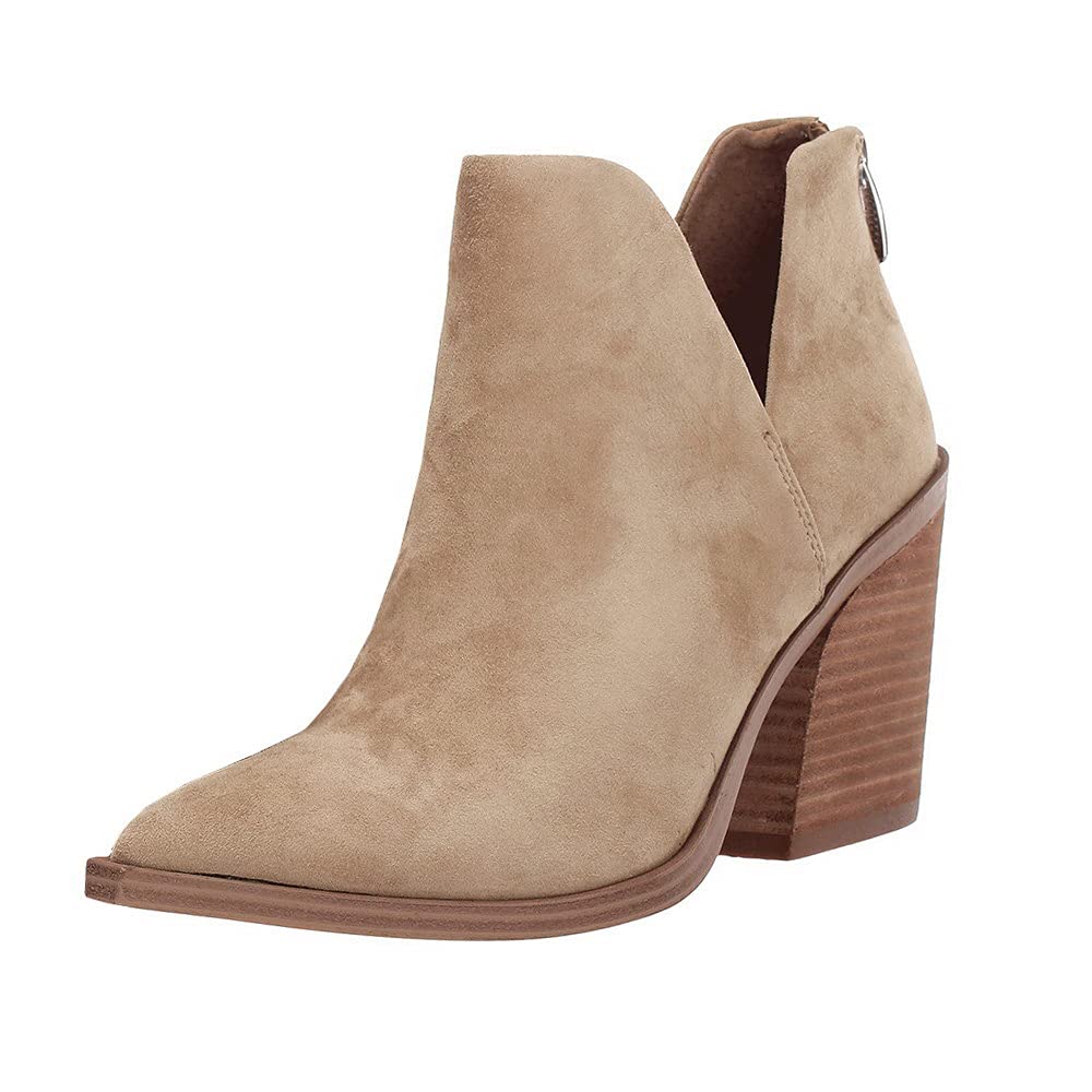 Photo 1 of FISACE Womens Pointed Toe Stacked Mid Heel Ankle Boots V Cut Back Zipper Faux Leather Booties