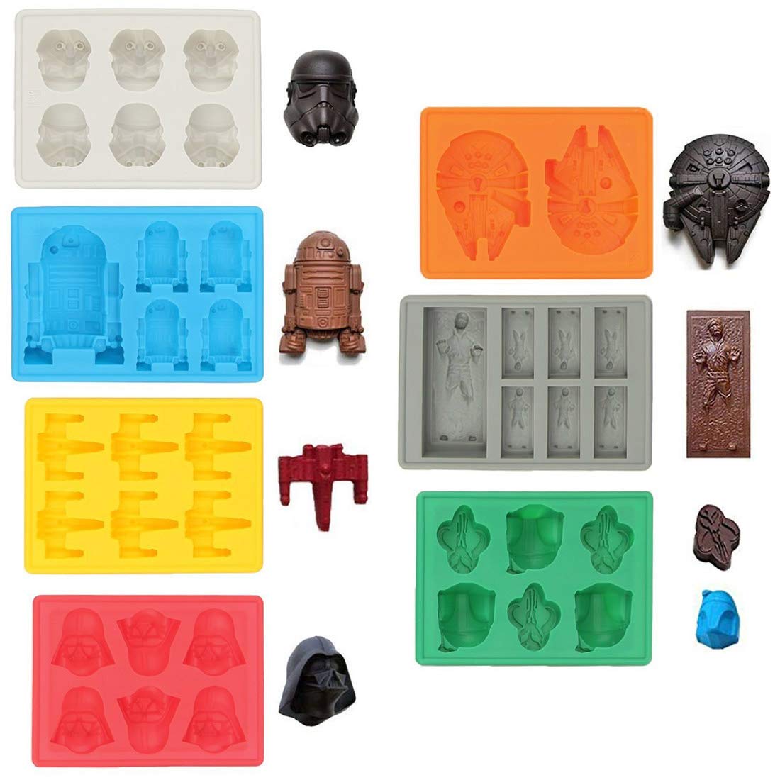 Sunerly Star Wars Character Ice Cube Molds Silicone Molds Ideal for Chocolate, Ice Cubes, Jelly, Candy, Desserts, Bakeware, Soap and Candles (Set of 7 Molds)