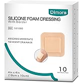 Dimora Silicone Foam Dressing with Border Adhesive 4"x4" Wound Dressing First Aid Bandage for Wound Care 10 Pack