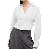 SUNNOW Women's V-Neck Crop Top Blouse Loose Fit Short Waist Tucked Shirt for Casual Outing