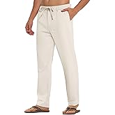 PLEPAN Mens Linen Pants Elastic Waist Drawstring Casual Linen Dress Pants Summer Beach Lightweight Trousers