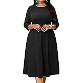 Runwind Women's Plus Size Midi Dress Classy High Waist Wedding Guest Dress Casual Crew Neck 3/4 Sleeve A-Line Swing Dresses