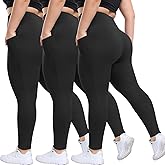 HLTPRO 3 Pack Plus Size Leggings with Pockets for Women - Black High Waisted Tummy Control Soft Yoga Pants for Gym Workout