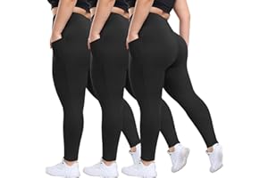 HLTPRO 3 Pack Plus Size Leggings with Pockets for Women - Black High Waisted Tummy Control Soft Yoga Pants for Gym Workout