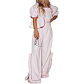 MYBFYABO Women Christmas Gingham Pajama Set Puff Short Sleeve Plaid Babydoll Blouse Ruffle Wide Leg Pants Pjs Lounge Set
