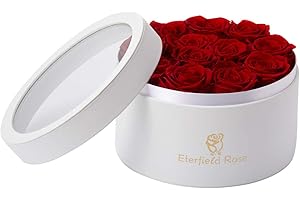 Eterfield Mothers Day Gifts Forever Flowers in a Box Real Roses That Last a Year Preserved Flowers for Delivery Prime Gift for Her Valentines Day (12 Red Roses, Round White PU Leather Box)