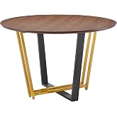 Armen Living Joana 48" Round Dining Table in Gold Stainless Steel and Black Iron Base with Walnut Tabletop