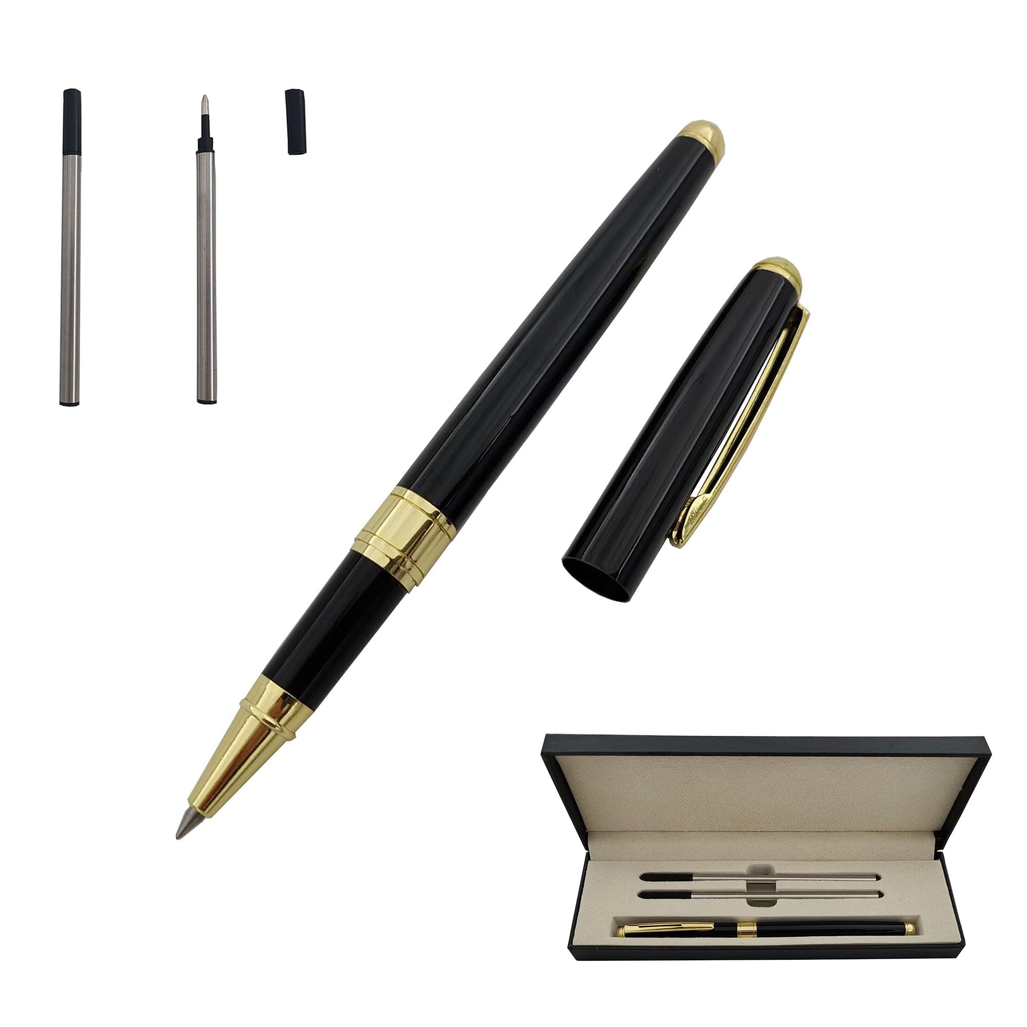 Accod Rollerball Pen Signature Pen Black Ink with Two 0.5mm Black Refills Business Office Pen Gift Box for Birthday, Business and Party Smooth Writing(Black&Silver)
