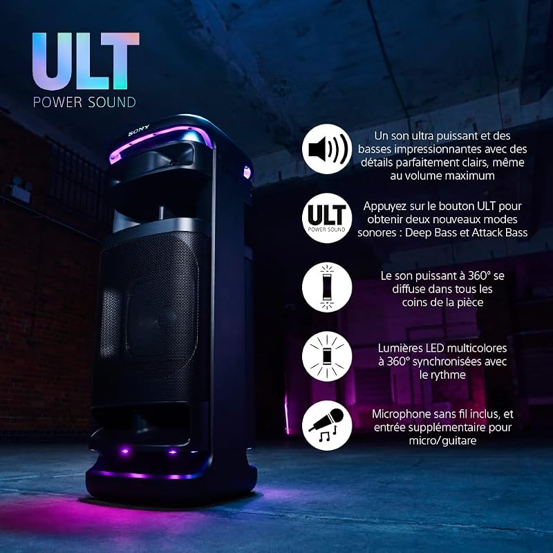 ULT Tower 10 Power Sound - Enceinte Festive Party Box Ultra Puissante, Bluetooth, Modes Deep Bass & Attack Bass, Eclairage 360°, Micro sans Fil Inclus, Facile à déplacer, Roues pivotantes - Noir