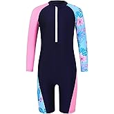 Kukume Girls One Piece Rash Guard Swimsuit Long Sleeve Swimsuits with Zipper Patchwork Beach Bathing Suit for Kids 4-13 Years