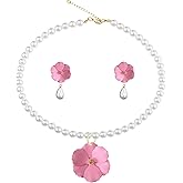 Vavhoo Flower Pearl Necklace Earrings for Women Boho Bridal Wedding Jewelry Floral Faux Pearl Charm Necklace Gold Bud Stud Earrings Handmade Bohemian Costume Birthday