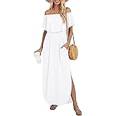 LILBETTER Womens Off The Shoulder Ruffle Party Dresses Side Split Beach Maxi Dress