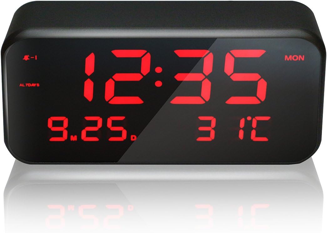 LambTown Led Electronic Alarm Clock Large Mirror Screen with Temperature Date Week Display Smart Digital Clocks with 3 Alarms 25 Midi Tunes Volume and Brightness Adjustable - Red