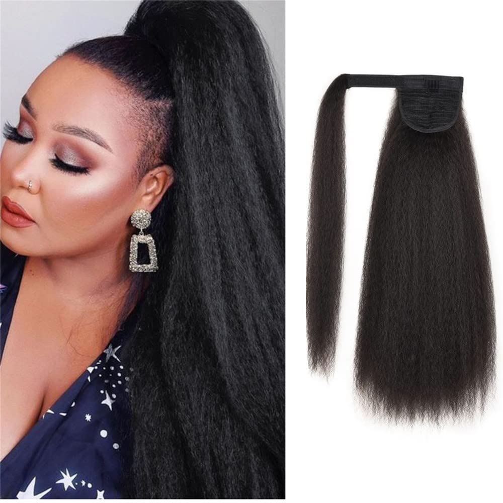 30" Kinky Straight Wrap Around Ponytail Extensions Clip in Yaki Straight Hairpieces Magic Paste Long Ponytail for Women Girls Black