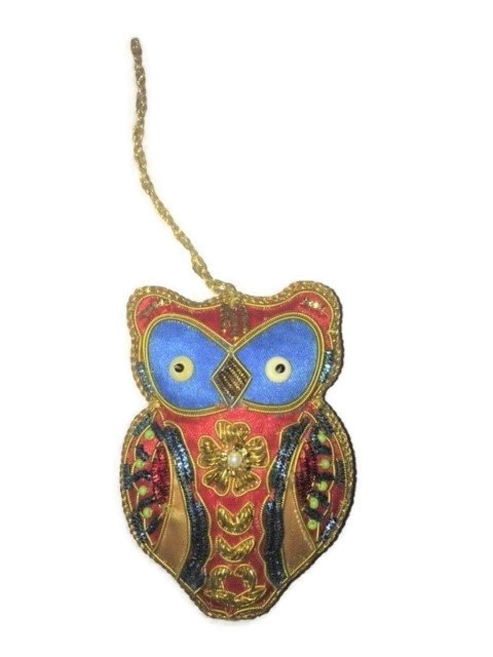 S&C Boho Zari Bohemian Silk Owl Ornament with Beads, Red Blue and Gold Decor (Red)
