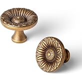Deuschwer 6 Pack Antique Brass Cabinet Knobs, Vintage Floral Drawer Pulls | Solid Zinc Alloy Retro Flower Sunburst Door Handles for Kitchen Cupboard, Dresser, Wardrobe, Bathroom Vanity Hardware