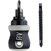 Buspoll Ratcheting Stubby Screwdriver - Adjustable Length, Reversible Dual End, Magnetic Tip - Compact, Portable, Pocket Size.