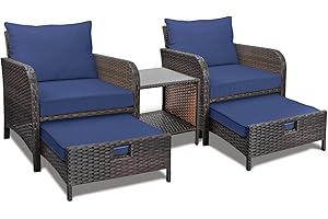 LEVELEVE Balcony Furniture 5 Piece Patio Conversation Set, PE Wicker Rattan Outdoor Lounge Chairs with Soft Cushions 2 Ottoman&Glass Table for Porch, Lawn-Brown Wicker