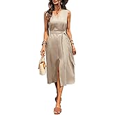 vinglam Women's Linen Midi Dress V Neck Sleeveless Waist Belt Slit Dresses with Pockets 100% Linen