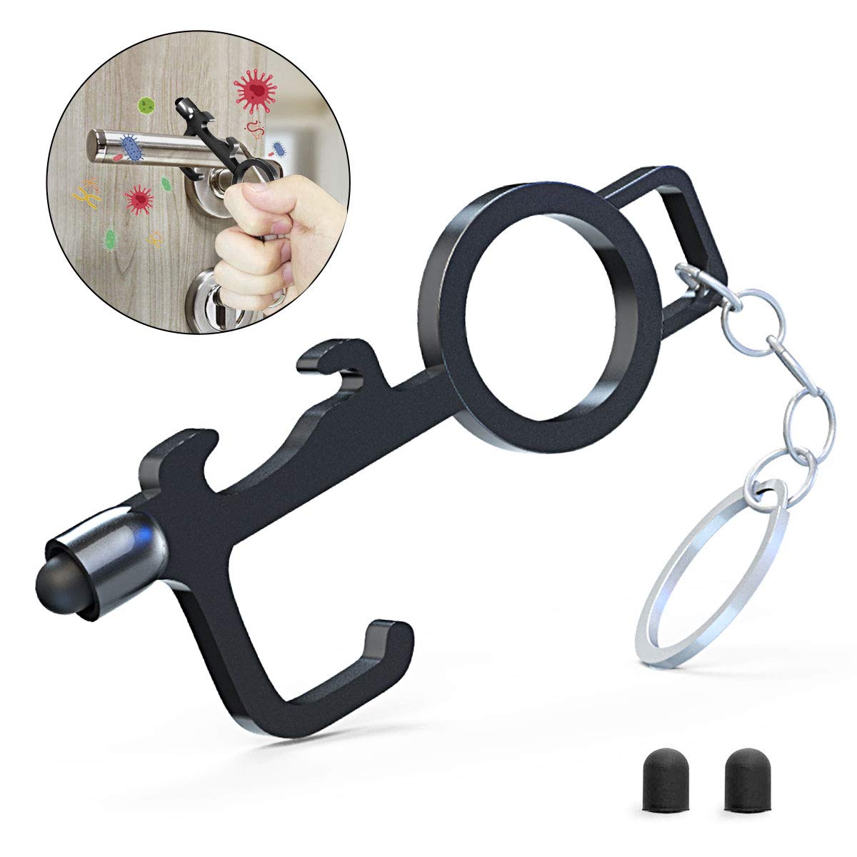 Black No Touch Door Opener, Non-Contact Multi-Tool, No Touch Tool and No Touch Keychain Tool for Surfaces, Touchscreens, Free Opening of Doors and Use of Keypads and POS Terminals, Safe Touch Tool.