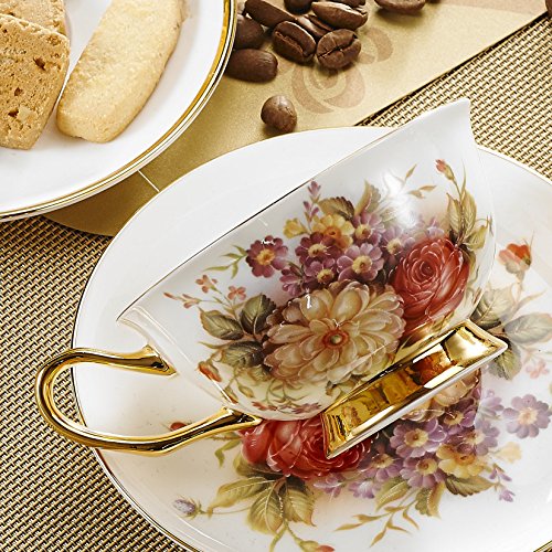 Panbado 3 Piece Bone China Tea Cup Saucer Set with Spoon Porcelain Gold Rimmed Teacup Coffee, Flower, 200ml, 6.8 oz., White/Golden