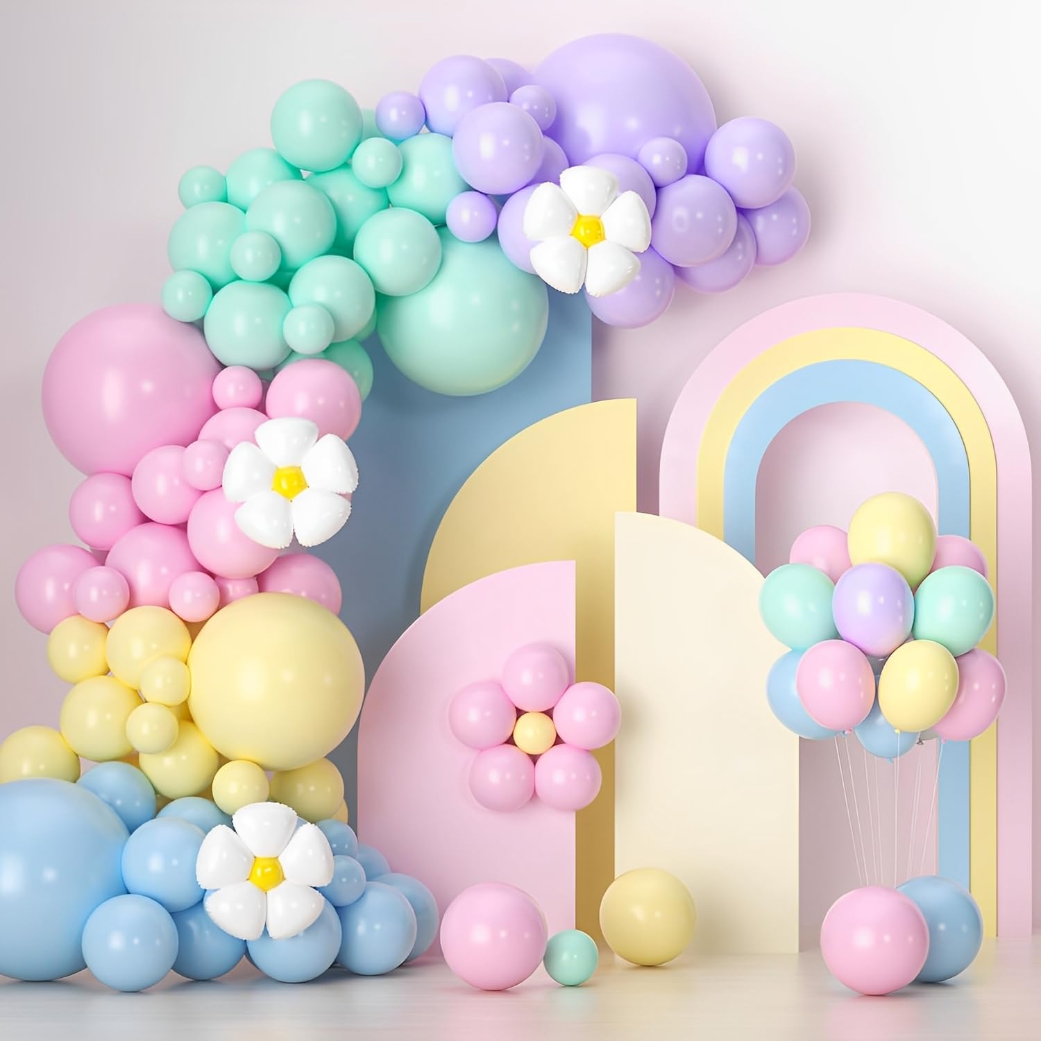 Photo 1 of 136pcs Pastel Balloons Garland Arch Kit, Pastel Macaron Balloons with Daisy Balloon for Wedding Anniversary Easter Birthday Party Decoration