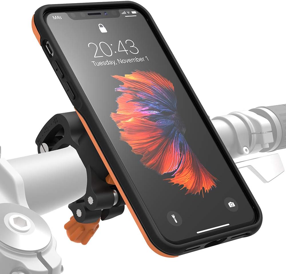 MORPHEUS LABS M4s iPhone XR Bike Mount for iPhone XR, Phone Holder & iPhone XR Case, Bicycle Cell Phone Holder, Adjustable, fits Most Handlebars, 360 Rotation Stand, Bike Kit for iPhone XR [Orange]