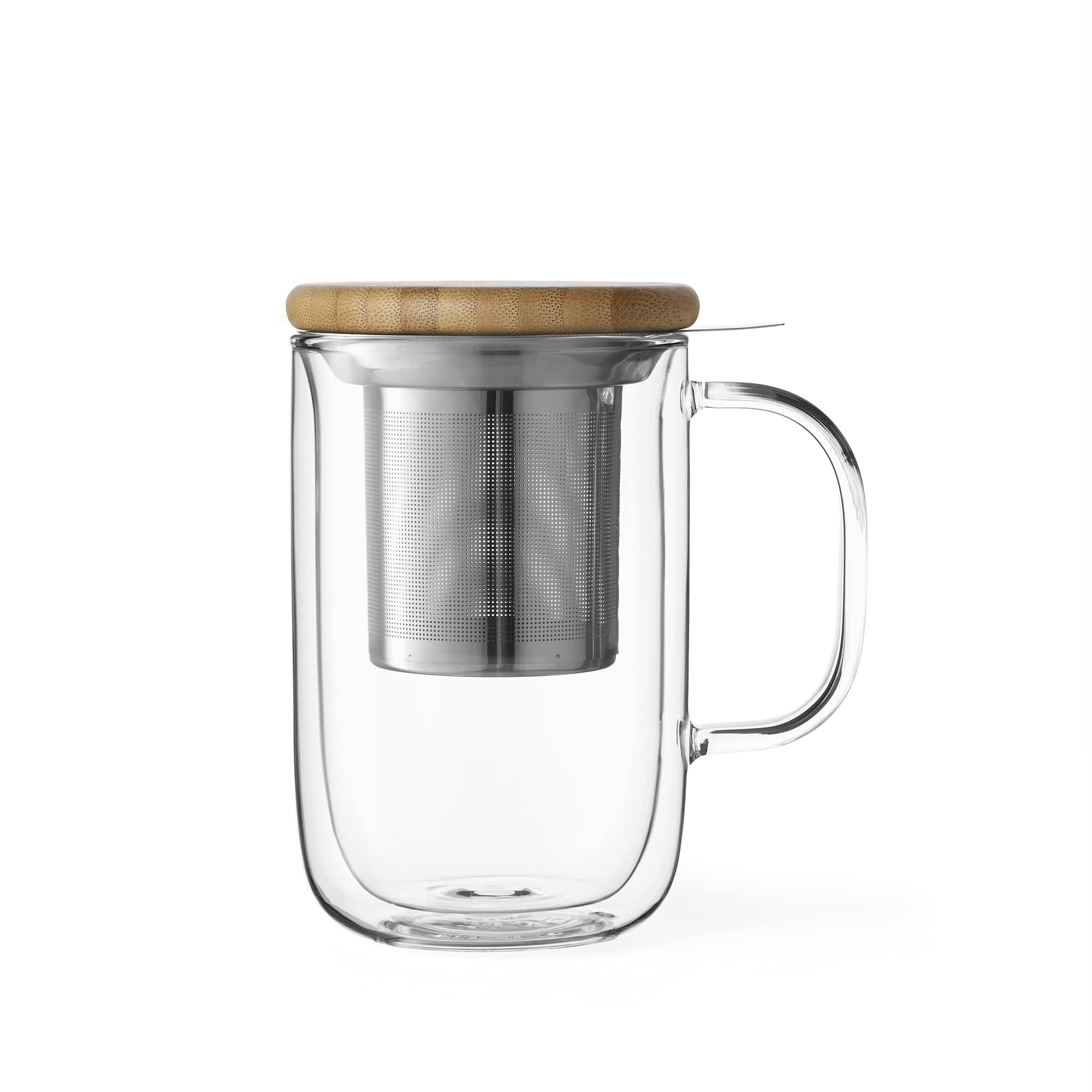 Viva Scandinavia Borosilicate Glass Tea Cup with Wooden Lid, Mug with Removable Stainless Steel Infuser Loose Leaf Tea 0.5L