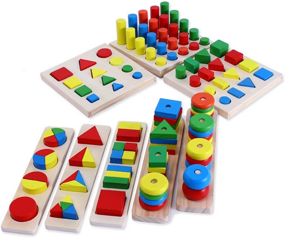 hibote 8 Pcs Assorted Geometric Shape Sorter Puzzle Board Building Block Toy Wooden Teaching Toy for Early Educational Training