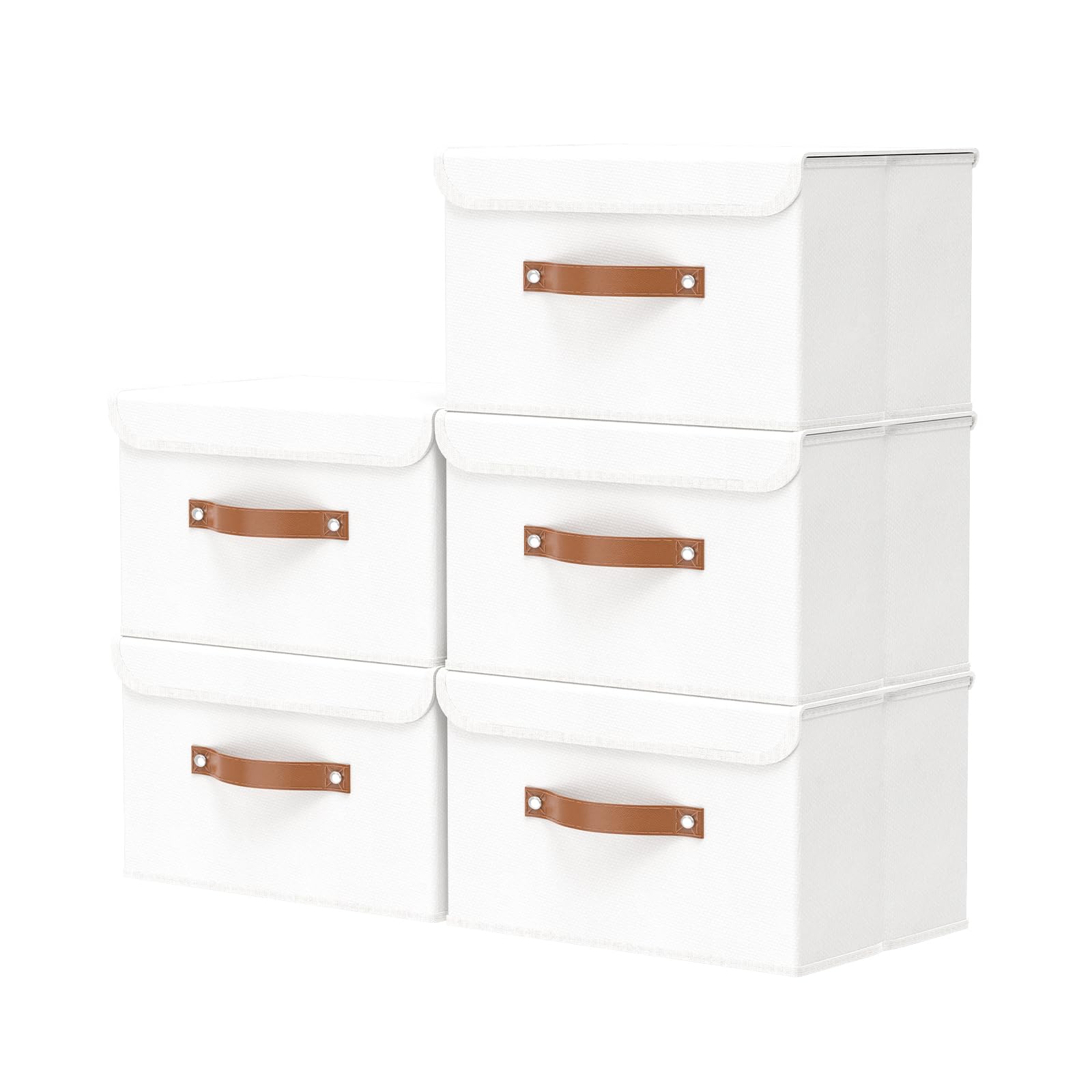 OUTBROS Collapsible Storage Box with Lid, Linen Fabric Clothing Shelf Basket Bins Box For Towels,Clothes 33x23x20 cm (White, 5-Pack)