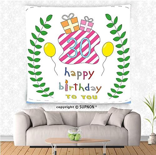 SUPNON custom tapestry 30th Birthday Decorations Tapestry Childish Display Gift Boxes Candles Branches and Baloons Surprise Wall Hanging for Bedroom Living Room Dorm Multicolor