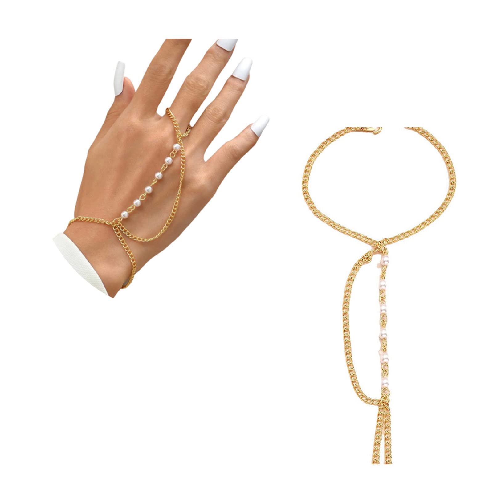 Yienate Fashion Pearl Bracelet Chain Link Finger Ring Chain Gold Hand Chain Hand Harness Dainty Pearl Slave Bracelet for Women and Girls