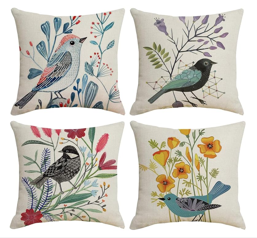BAOKU Cushion Covers 45x45 cm Pillow Covers Spring Decorative Home Decor for Bed Couch Sofa Bedroom Office Pack of 4 Decorative Birds Pattern Linen Pillowcase 18x18 Inch