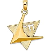 JewelryWeb 16mm 14k Gold Jewish Religious Judaica Star of David With Chai (long Life) 2-d and High Polish Pendant Necklace for Women