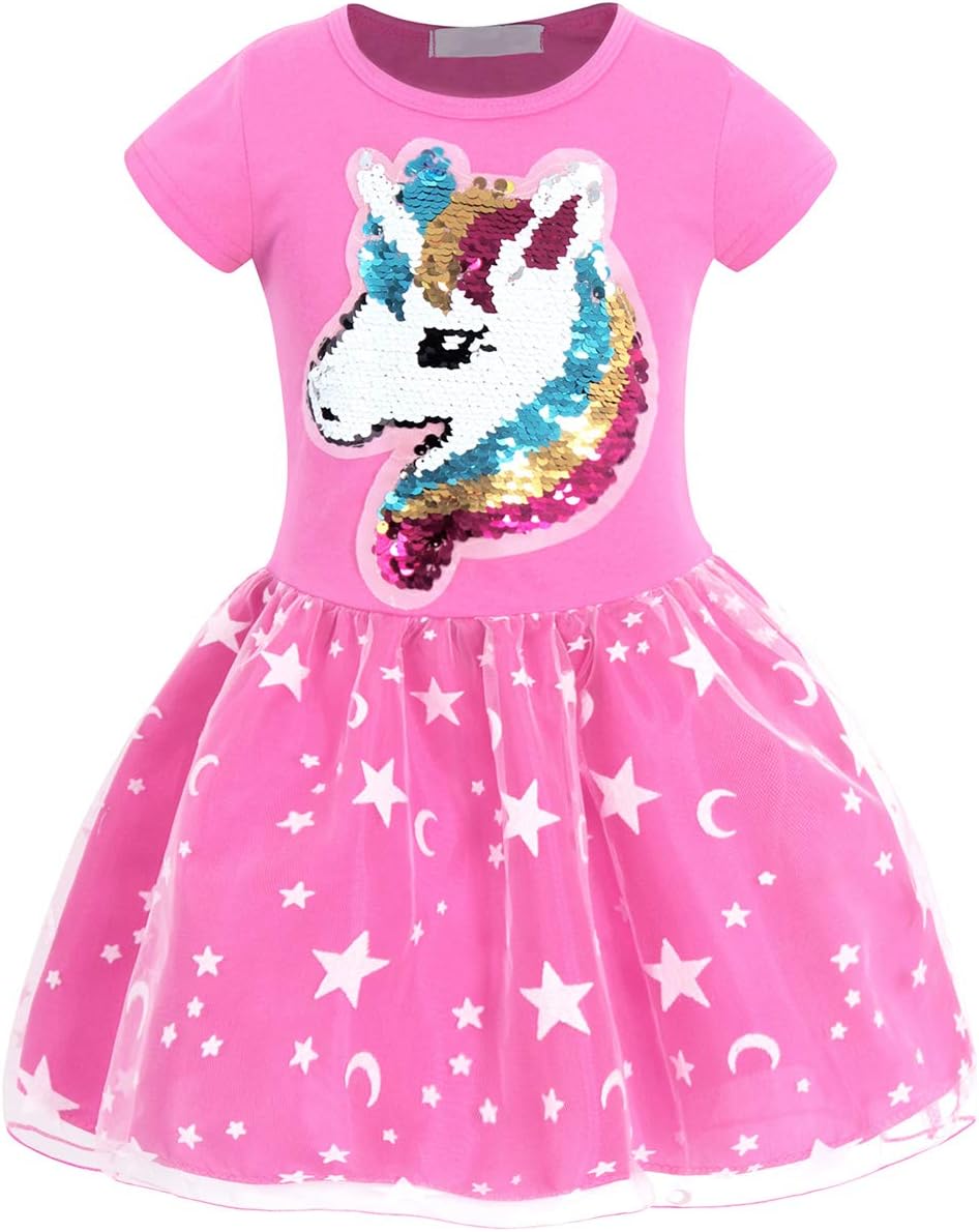 AmzBarley Unicorn Dress for Girls Kids Short Sleeve Dresses Birthday Theme Party Clothes