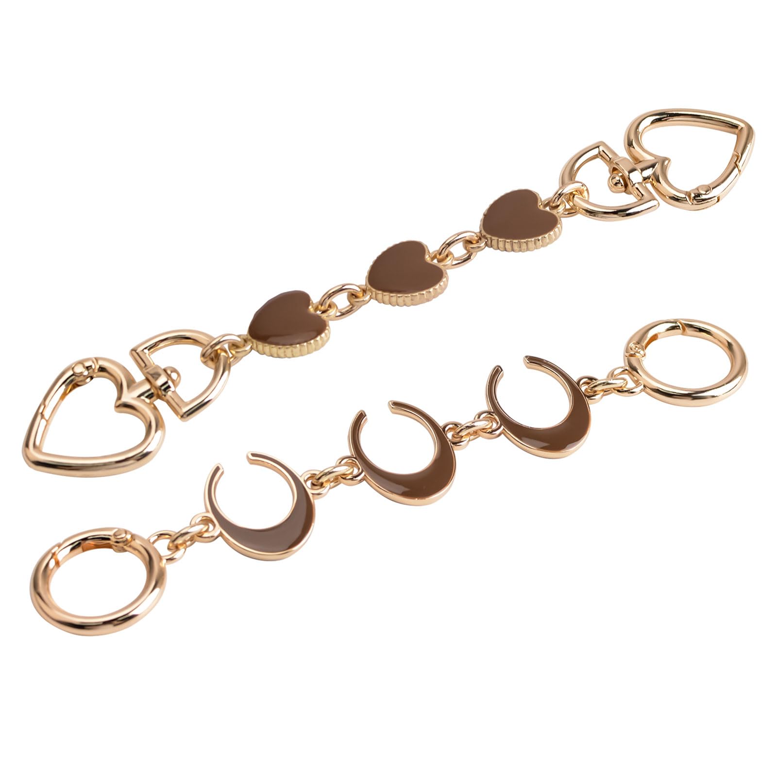 WANDIC Straps Bag Chain Set, 2Pcs Metal Extender Bag Chain with Heart Crescent Moon Pattern Golden Metal Replacement Chain for Purse Bag Handbag,Brown