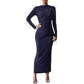 BTFBM Women Bodycon Maxi Dress Long Sleeve Back Slit Ruched Elegant Party Cocktail Formal Fall Wedding Guest Dresses